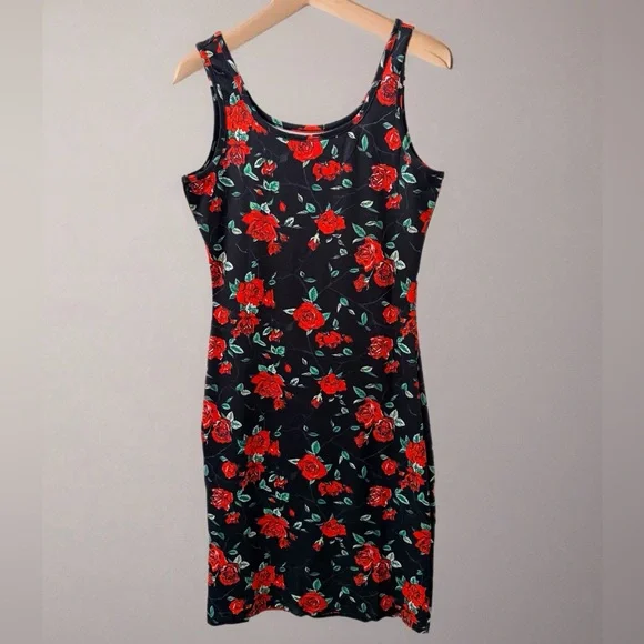 Floral Black and Red Bodycon Dress/ stretchy/Comfortable/ Slim Fit - Picture 3 of 4